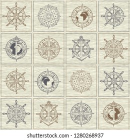 Vector seamless background on the theme of nautical travel, adventure and discovery. Wind roses, ship anchors, compasses, helms and other nautical symbols on the checkered background in vintage style