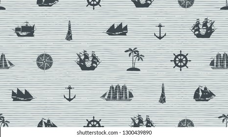 Vector seamless background on the theme of sea travel with different sailing ships, compass, anchor, steering wheel and others. Cute sea objects on the striped background in retro style