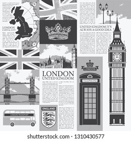 Vector seamless background on the theme of the UK and London with newspaper publications, architectural landmarks, British symbols and flag in retro style. Can be used as Wallpaper or wrapping paper