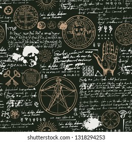 Vector seamless background on the theme of mysticism, magic, religion and the occultism with various esoteric and masonic symbols. Medieval manuscript with sketches, blots and spots in retro style