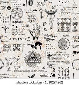 Vector seamless background on the theme of mysticism, magic, religion and the occultism with various esoteric and masonic symbols. Medieval manuscript with sketches, blots and spots in retro style