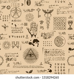 Vector seamless background on the theme of mysticism, magic, religion and the occultism with various esoteric and masonic symbols. Medieval manuscript with sketches, blots and spots in retro style