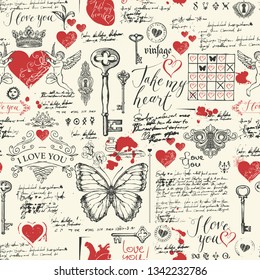 Vector seamless background on the theme of Declaration of love and Valentine day in retro style. Abstract background with red hearts, butterflies, keys, keyholes, cupids and handwritten inscriptions