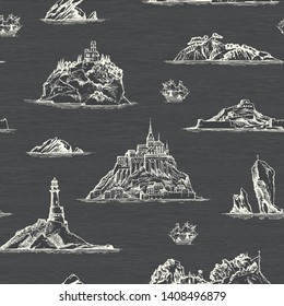 Vector seamless background on theme of travel, adventure and discovery. Old hand drawn map with islands, lighthouses and sailboats in retro style. Can be used as wallpaper, wrapping paper or fabric