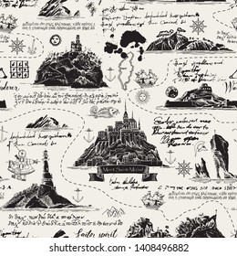 Vector seamless background on the theme of travel, adventure and discovery. Old hand drawn map with islands, lighthouses, sailboats and nautical symbols, inscriptions and ink blots in vintage style