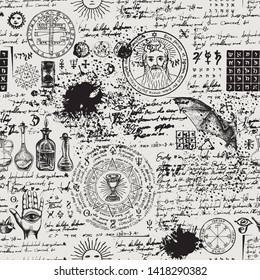 Vector seamless background on the theme of alchemy, magic, witchcraft and mysticism with various esoteric and occult symbols. Medieval manuscript with sketches, blots and spots in retro style