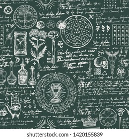 Vector seamless background on the theme of alchemy, medicine, magic, witchcraft and mysticism with various esoteric and occult symbols. Medieval manuscript with sketches and notes in retro style