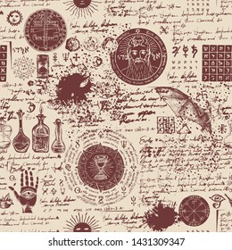 Vector seamless background on the theme of alchemy, magic, witchcraft and mysticism with various esoteric and occult symbols. Medieval manuscript with sketches, blots and spots in retro style