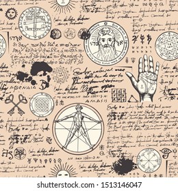 Vector seamless background on the theme of mysticism, magic, religion and the occultism with various esoteric and masonic symbols. Medieval manuscript with sketches, blots and spots in retro style