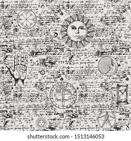 Vector seamless background on the theme of mysticism, magic, religion, medicine, occultism with various esoteric and masonic symbols. Medieval manuscript with sketches, blots and spots in retro style