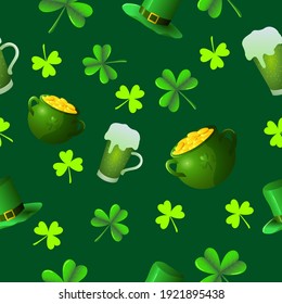 Vector seamless background on theme of St. Patrick's Day. Three-leaf clover, pot of gold, hat and beer mug