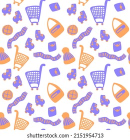 Vector seamless background on the theme of shopping. Grocery carts, roller skates, scarf, hat, wallet, bag.