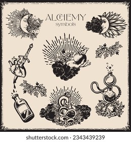 Vector seamless background on the theme of alchemy, medicine, magic, moon and sun, witchcraft and mysticism with various esoteric and occult symbols.