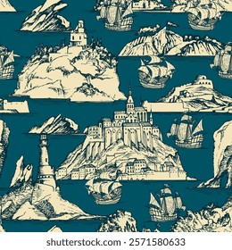 Vector seamless background on theme of travel, adventure and discovery. Old hand drawn map with islands, lighthouses and sailboats in retro style. Can be used as wallpaper, wrapping paper or fabric