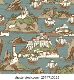 Vector seamless background on theme of travel, adventure and discovery. Old hand drawn map with islands, lighthouses and sailboats in retro style. Can be used as wallpaper, wrapping paper or fabric