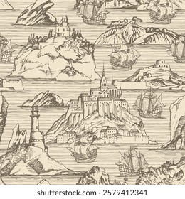 Vector seamless background on theme of travel, adventure and discovery. Old hand drawn map with islands, lighthouses and sailboats in retro style. Can be used as wallpaper, wrapping paper or fabric