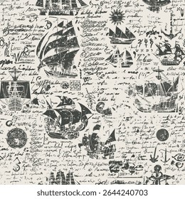 Vetor fundo sem emenda sobre o tema da viagem. Mão desenhada com caravelas antigas, o vento rosas em estilo vintage. Texto ilegível. T-shirt design, papel de parede, papel de embrulho, telhas cerâmicas, têxteis, tecido.