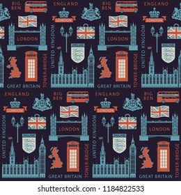 Vector seamless Background on UK and London theme with British symbols, architectural landmarks and flag of the United Kingdom in retro style. Can be used as wallpaper or wrapping paper
