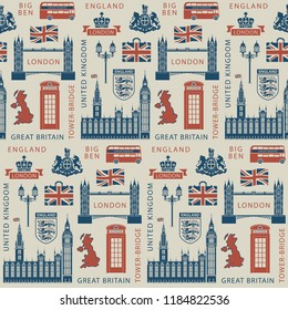 Vector seamless Background on UK and London theme with British symbols, architectural landmarks and flag of the United Kingdom in retro style. Can be used as wallpaper or wrapping paper