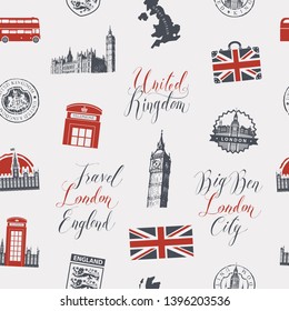 Vector seamless Background on UK and London theme with inscriptions, British symbols, architectural landmarks and flag of the United Kingdom in retro style. Can be used as wallpaper or wrapping paper