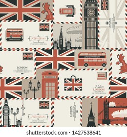 Vector seamless Background on UK and London theme with envelopes, British symbols, architectural landmarks and flag of the United Kingdom in retro style. Can be used as wallpaper or wrapping paper