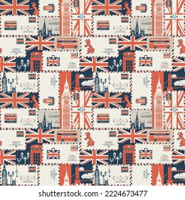 Vector seamless Background on UK and London theme with envelopes, British symbols, architectural landmarks and flag of United Kingdom in retro style. Can be used as wallpaper or wrapping paper