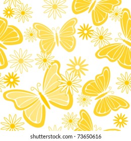 Vector seamless background with orange buterflies and flowers