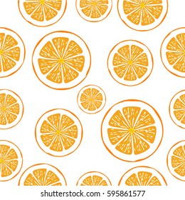 Vector seamless background with orange slices on white.