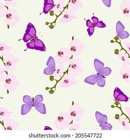 Vector seamless background with orchid flowers and butterflies