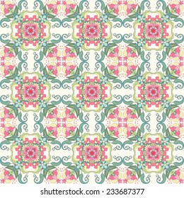 Vector seamless background. Oriental floral pattern. Delicate green and pink.