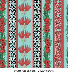 Vector seamless background with oriental indian traditional flower. Pattern imitating wooden texture on backdrop. Hand drawing.
