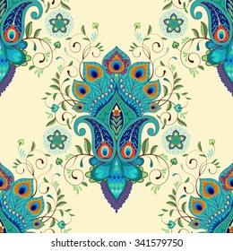 Vector seamless background. Oriental peacock feathers pattern. 