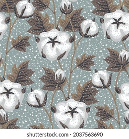 
Vektornahtloser Hintergrund mit einem Ornament von Ästen und Büschen aus Baumwollpflanzen. Stilvolles botanisches Muster. Blank für Design und Druck