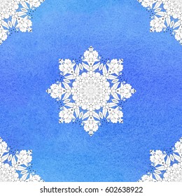 Vector seamless background. Ornament of flowers in blue watercolor background.