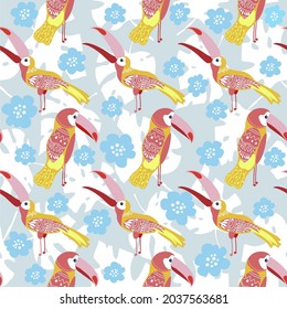 Vector seamless background with ornament of parrots toucans and leaves of tropical plants and flowers. Pattern with stylized botanical and animalistic design. Blank for design and printing