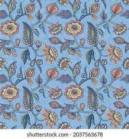 Vector seamless background with ornament from various decorative stylized flowers and plants. Stylized botanical pattern. Lace pattern in Indian and Persian style. Blank for design and printing