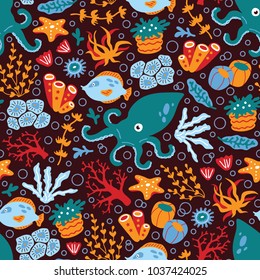 Vector seamless background with ornate hand drawn sea objects and animals