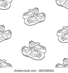 Vector seamless background of outlines shoes for little girls