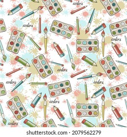 Vector seamless background with paints brushes and pencils and blots. A background about art and creativity in muted pastel colors. Children's repeating ornament for printing on fabrics and paper