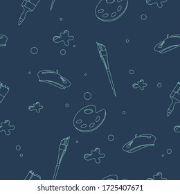 Vector seamless background with palette, beret and brushes. Turquoise lines, dark blue background