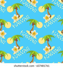 Vector seamless background with palmtrees plumeria flowers and thailand inscription
