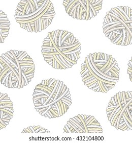 Vector seamless background with pastel color balls of yarn. Hand drawn pattern of knitting