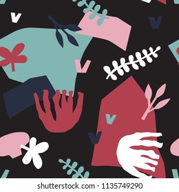 Vector seamless background pattern with abstract collages of different cut out paper shapes