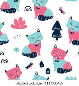 vector seamless background pattern with beautiful scandinavian cats for baby shower,  fabric, textile