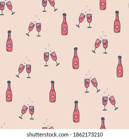 Vector seamless background with a pattern of bottles of champagne and glasses. Doodle simple print. For wallpaper, textile, wrapping, fabric print.