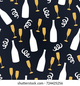Vector seamless background with a pattern of bottles of champagne and glasses. Gold foil and white confetti