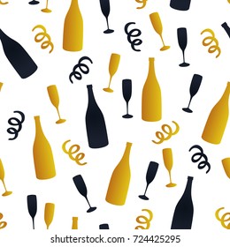 Vector seamless background with a pattern of bottles of champagne and glasses. Gold and black confetti