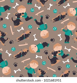 vector seamless background pattern  with boys and dogs