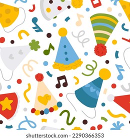 Vector seamless background pattern with cartoon party hats for surface pattern design 