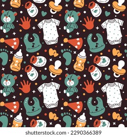 Vector seamless background pattern with cartoon baby goods for surface pattern design 